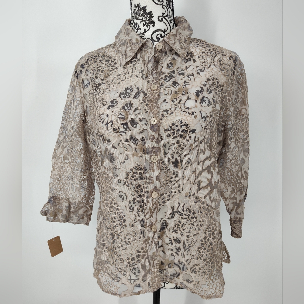 Vintage Studio Works Beige Sheer Animal Print Button Down Shirt Womens Medium